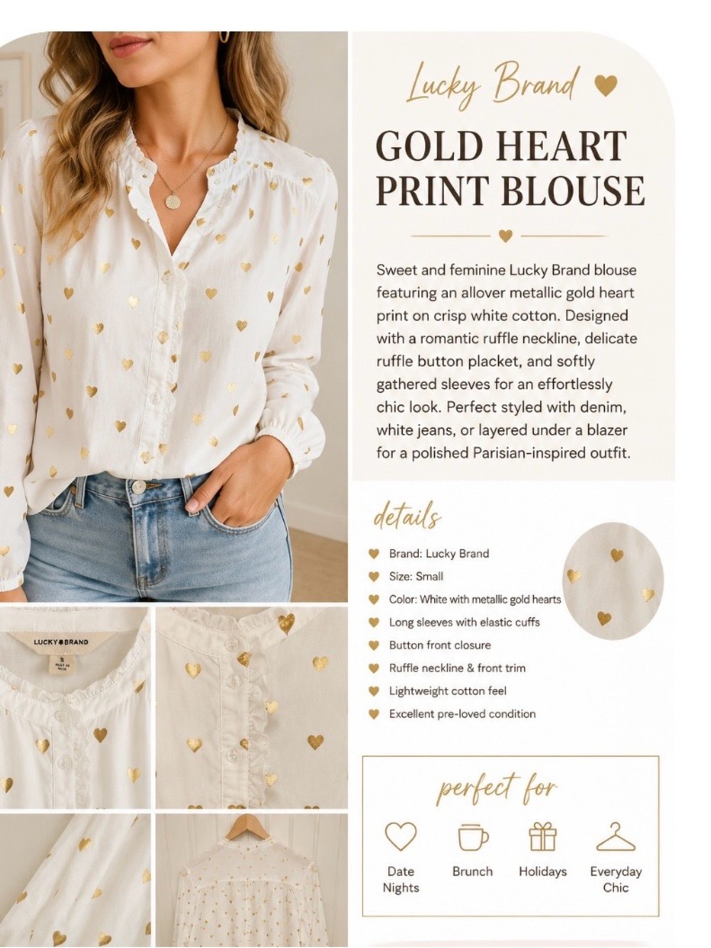 Lucky Brand White Blouse with Gold Heart Accents